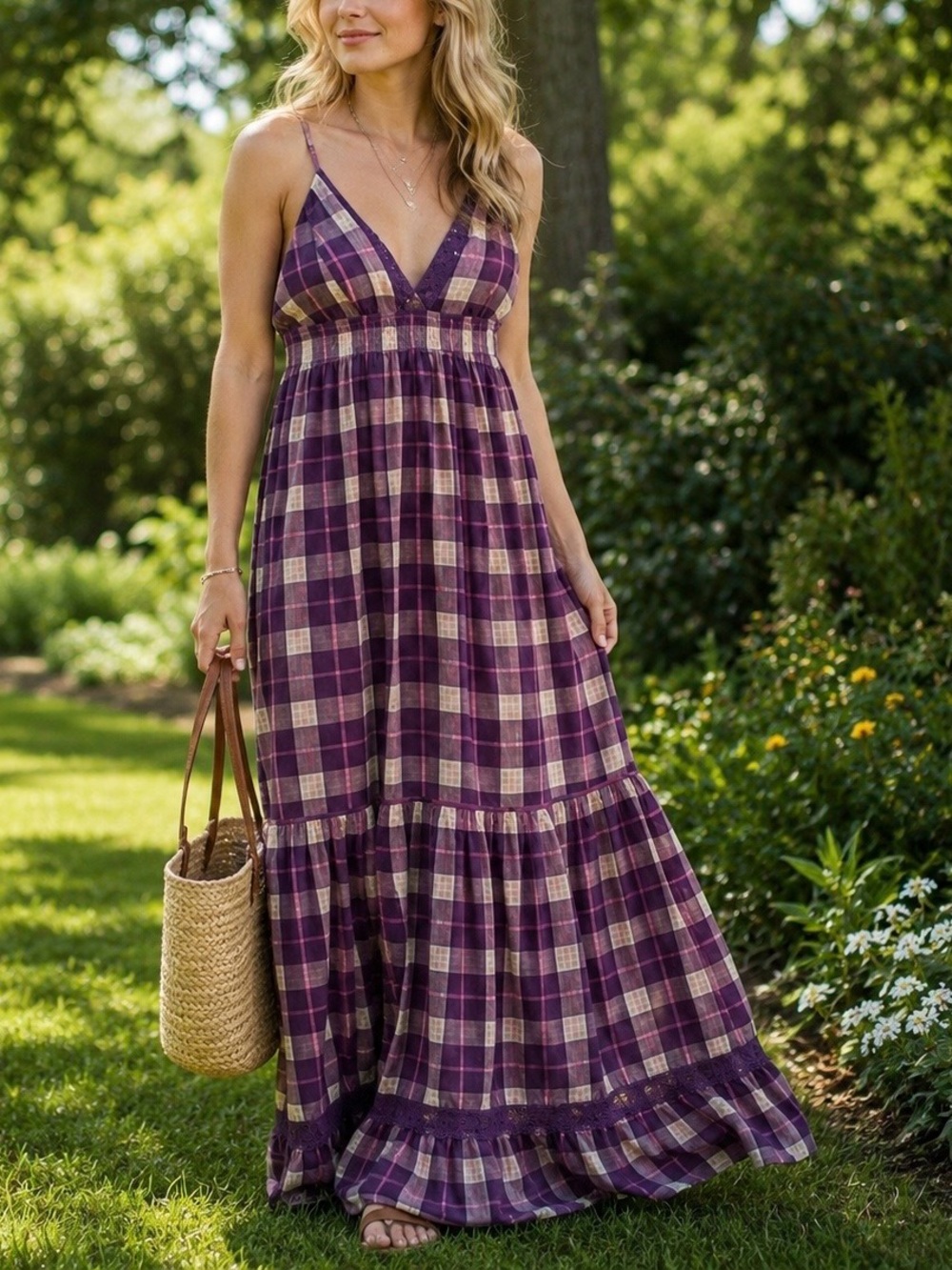 Zara Brand New Plaid Maxi Beach Purple Dress,Size S/M